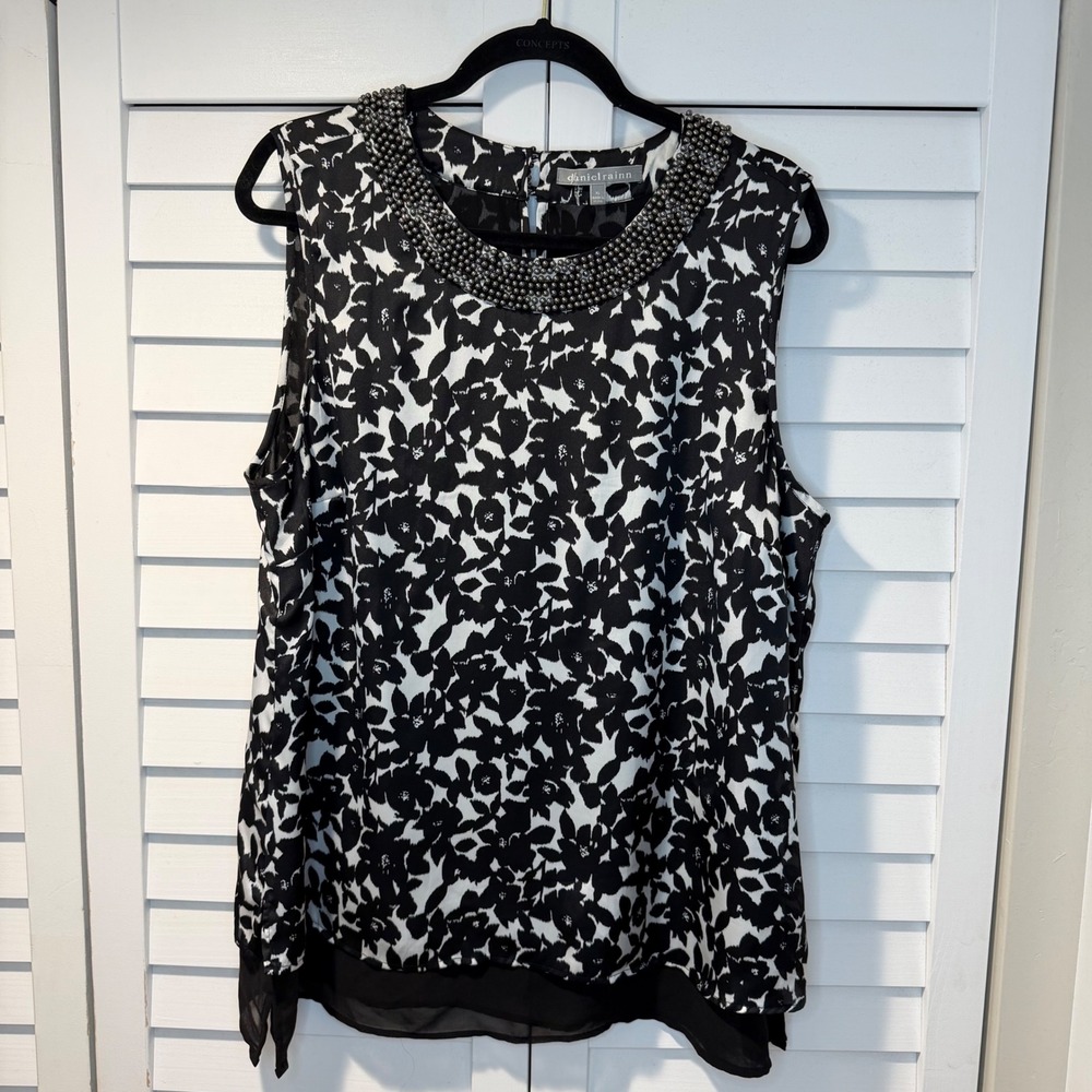 Daniel Rainn Black White Floral Beaded Neck Blouse XL Sleeveless Layered Hem